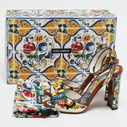 Pre Owned Dolce & Gabbana Multicolor Printed Patent Leather Embellished Ankle Wrap Sandals Size 38