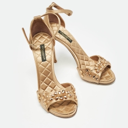 Pre Owned Dolce & Gabbana Gold Satin Crystal Embellished Ankle Strap Sandals Size 37