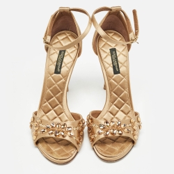 Pre Owned Dolce & Gabbana Gold Satin Crystal Embellished Ankle Strap Sandals Size 37
