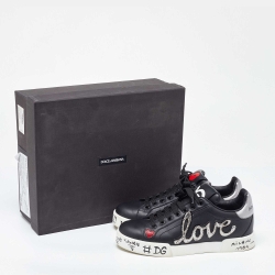 Pre Owned Dolce & Gabbana Black Leather Love Patch and Graffiti Low Top Sneakers Size 37