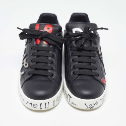 Pre Owned Dolce & Gabbana Black Leather Love Patch and Graffiti Low Top Sneakers Size 37