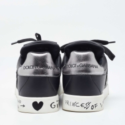 Pre Owned Dolce & Gabbana Black Leather Love Patch and Graffiti Low Top Sneakers Size 37