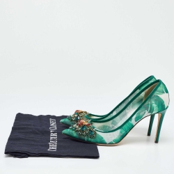 Pre Owned Dolce & Gabbana Green Mesh and Patent Leather Crystal Embellished Pointed Toe Pumps Size 39.5