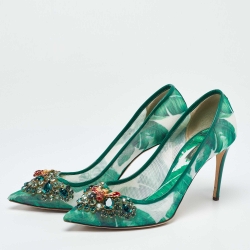 Pre Owned Dolce & Gabbana Green Mesh and Patent Leather Crystal Embellished Pointed Toe Pumps Size 39.5