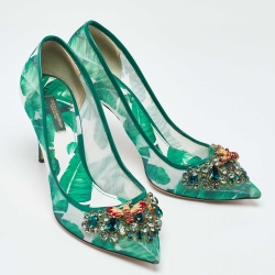 Pre Owned Dolce & Gabbana Green Mesh and Patent Leather Crystal Embellished Pointed Toe Pumps Size 39.5