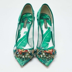 Pre Owned Dolce & Gabbana Green Mesh and Patent Leather Crystal Embellished Pointed Toe Pumps Size 39.5
