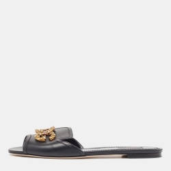 Pre Owned Dolce & Gabbana Black Leather Embellished DG Amore Flat Slides Size 41.5