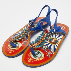 Pre Owned Dolce & Gabbana Multicolor Rubber Crystal Embellished Thong Strap Flat Sandals Size 39