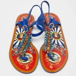 Pre Owned Dolce & Gabbana Multicolor Rubber Crystal Embellished Thong Strap Flat Sandals Size 39