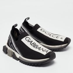 Pre Owned Dolce & Gabbana Black/White Knit Fabric Sorrento Slip On Sneakers Size 38