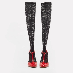 Pre Owned Dolce & Gabbana Red/Black Patent Leather and Lace Socks Ankle Strap Pumps Size 41