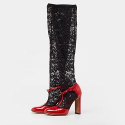 Pre Owned Dolce & Gabbana Red/Black Patent Leather and Lace Socks Ankle Strap Pumps Size 41