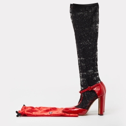 Pre Owned Dolce & Gabbana Red/Black Patent Leather and Lace Socks Ankle Strap Pumps Size 41