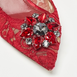 Pre Owned Dolce & Gabbana Red Lace Crystal Embellished Bellucci Pointed Toe Pumps Size 40
