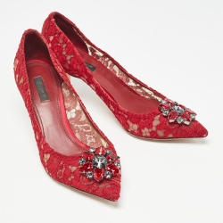 Pre Owned Dolce & Gabbana Red Lace Crystal Embellished Bellucci Pointed Toe Pumps Size 40