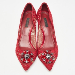 Pre Owned Dolce & Gabbana Red Lace Crystal Embellished Bellucci Pointed Toe Pumps Size 40
