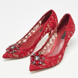 Pre Owned Dolce & Gabbana Red Lace Crystal Embellished Bellucci Pointed Toe Pumps Size 40