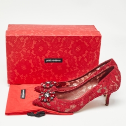 Pre Owned Dolce & Gabbana Red Lace Crystal Embellished Bellucci Pointed Toe Pumps Size 40
