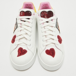 Dolce & Gabbana White/Yellow Leather Amore Heart Embroidered Low Top Sneakers Size 41