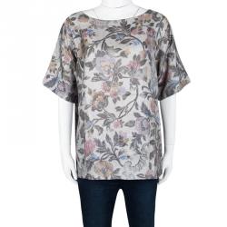 Dries Van Noten Grey Floral Printed Silk Short Sleeve Top L