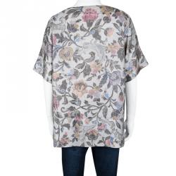 Dries Van Noten Grey Floral Printed Silk Short Sleeve Top L