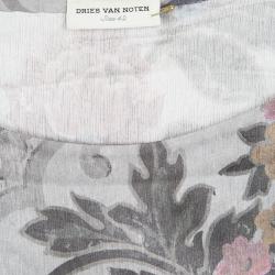 Dries Van Noten Grey Floral Printed Silk Short Sleeve Top L