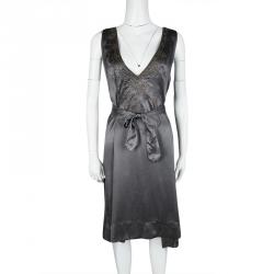 Dries Van Noten Grey Silk Embellished Embroidered Sleeveless Belted Dress S