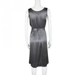 Dries Van Noten Grey Silk Embellished Embroidered Sleeveless Belted Dress S