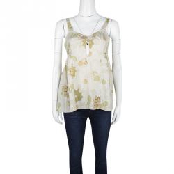 Pre Owned Dries Van Noten Beige Textured Silk Floral Print Sleeveless Top S