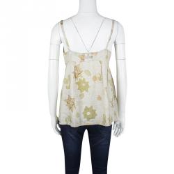 Pre Owned Dries Van Noten Beige Textured Silk Floral Print Sleeveless Top S