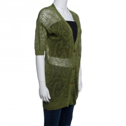 Dries Van Noten Green Perforated Knit Short Sleeve Cardigan S