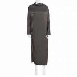 Dries Van Noten Olive Green Satin Zipped High Neck Dolman Sleeve Dress  L