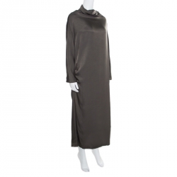 Dries Van Noten Olive Green Satin Zipped High Neck Dolman Sleeve Dress  L