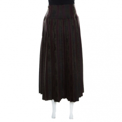 Dries Van Noten Olive Green and Burgundy Silk Brocade Pleated Skirt L 