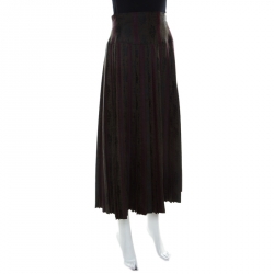 Dries Van Noten Olive Green and Burgundy Silk Brocade Pleated Skirt L 