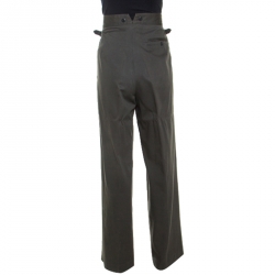 Dries Van Noten Khaki Green Cotton Buckle Detail Wide Leg Trousers L