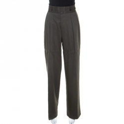 Dries Van Noten Khaki Green Cotton Buckle Detail Wide Leg Trousers L