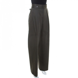 Dries Van Noten Khaki Green Cotton Buckle Detail Wide Leg Trousers L