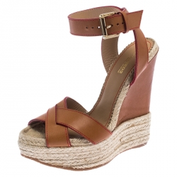 Dsquared2 Brown Leather Wedge Espadrille Platform Sandals Size 37