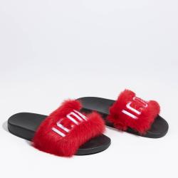 Dsquared2 Red Leather/Fur Icon Slides Size EU 37