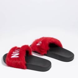 Dsquared2 Red Leather/Fur Icon Slides Size EU 37