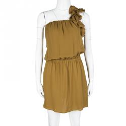Pre Owned Dsquared2 Camel Brown Silk Ruffle Detail One Shoulder Dress S