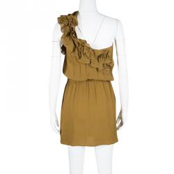 Pre Owned Dsquared2 Camel Brown Silk Ruffle Detail One Shoulder Dress S
