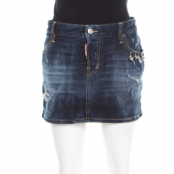 Dsquared2 Indigo Dark Wash Faded Effect Distressed Denim Mini Skirt M