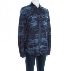 Pre Owned Dsquared2 Indigo Dark Wash Camouflage Effect Denim Shirt L