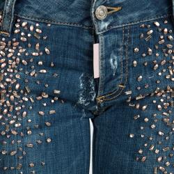 Pre Owned Dsquared2 Indigo Distressed Faded Denim Embellished Skinny Jeans M