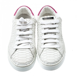 Dsquared2 White And Pink Python Embossed Leather Santa Monica Sneakers Size 37