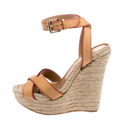 Dsquared2 Beige Leather Espadrille Ankle Strap Wedge Sandals Size 41