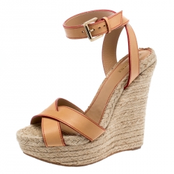 Dsquared2 Beige Leather Espadrille Ankle Strap Wedge Sandals Size 41