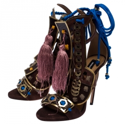 Dsquared2 Brown Suede Leather Embellished Ankle Wrap Sandals Size 39